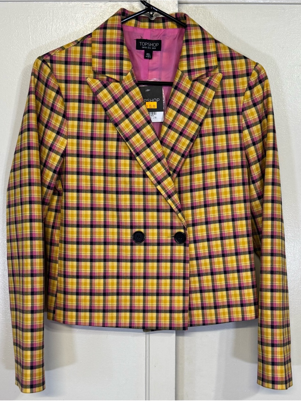 Topshop Pink and Yellow Plaid Double-Breasted Blazer - Picture 1 of 7